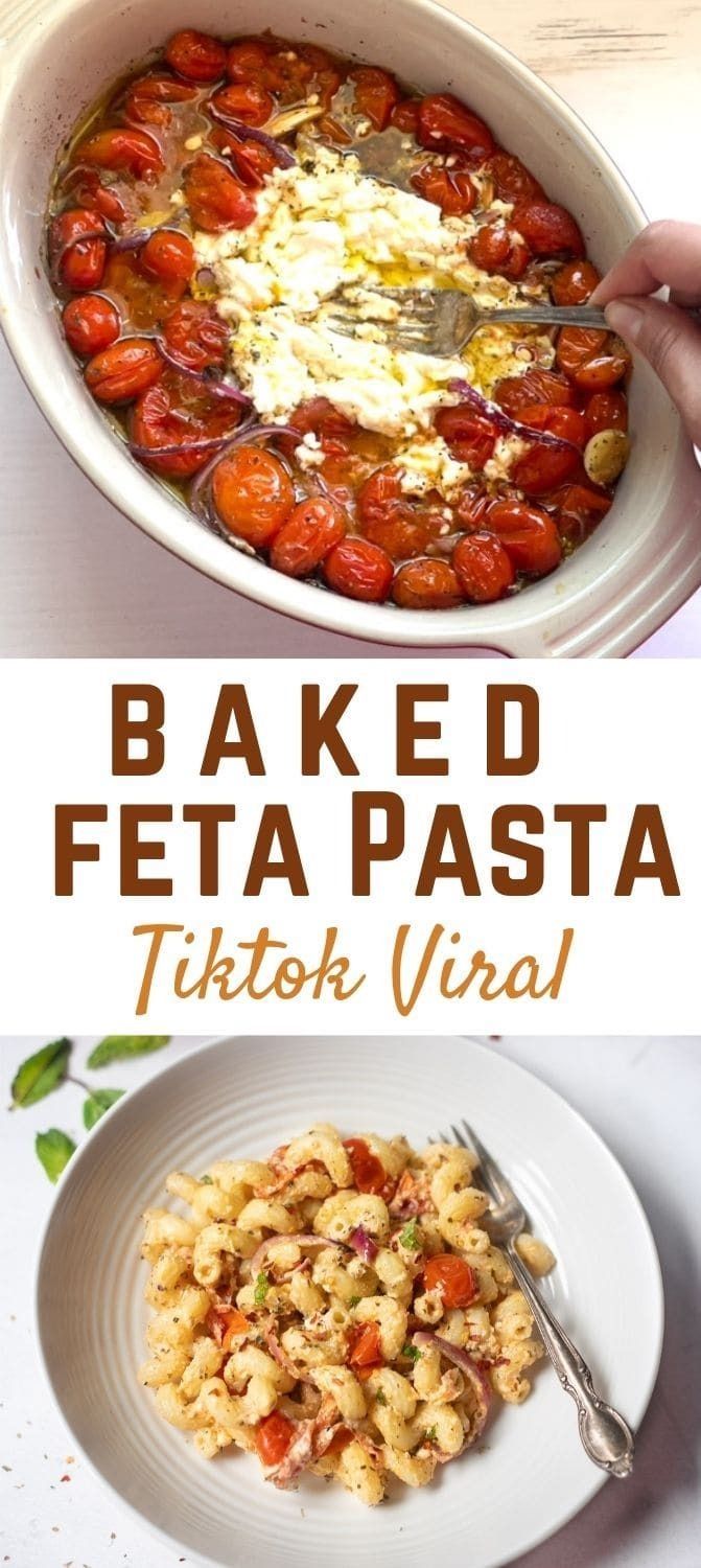 baked feta pasta with tomatoes in a white bowl and on a plate next to a hand holding a fork