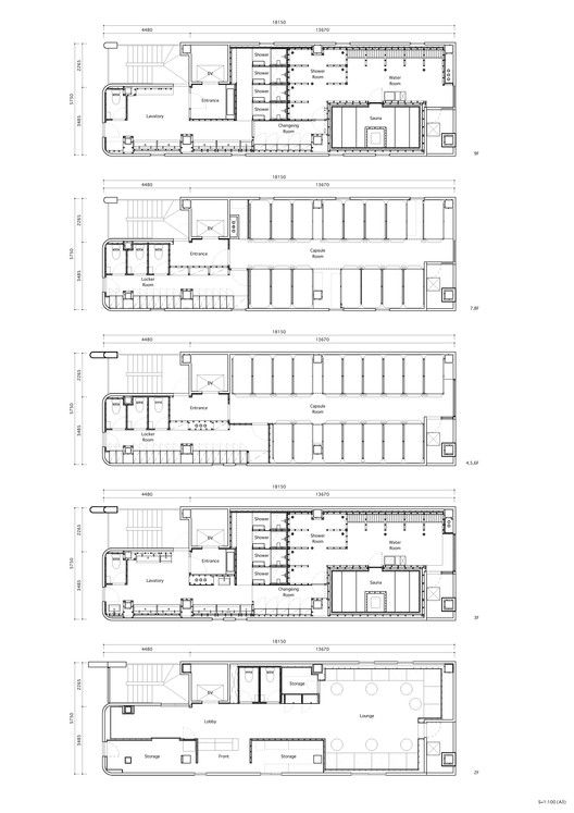 three plans for the first and second floors of an office building, with different levels