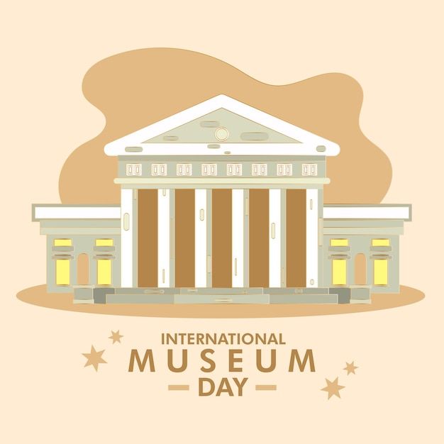 the international museum day poster with an illustration of a building and stars in front of it