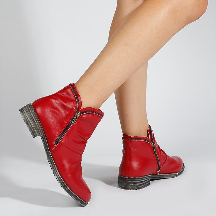 Women's Boots Leather Ankle Boots Flat Shoes Autumn Winter Woman Snow Boots - Red,7.5 Casual Martin Boots With Flat Heel, Casual Mid-calf Boots With Padded Ankle And Round Toe, Casual Boots With Flat Heel In Faux Leather, Casual Faux Leather Boots With Flat Heel, Casual Ankle-high Faux Leather Boots, Winter Booties With Flat Heel And Medium Width, Casual Pointed Toe Combat Boots For Fall, Medium Width Faux Leather Martin Boots With Flat Heel, Medium Width Flat Heel Faux Leather Martin Boots