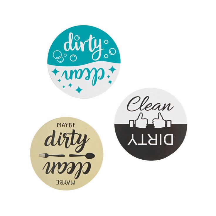 three badges with different words on them, one saying clean and the other saying dirty