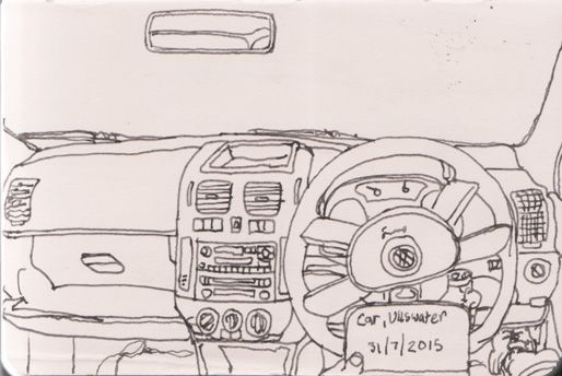 a drawing of the interior of a car with steering wheel and dash board, dashboard