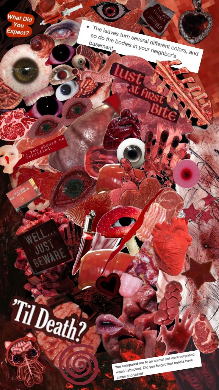 a collage made up of many different items and words, including an eyeball