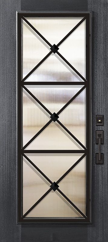 an open door with metal bars on the sides and glass panels above it, in front of a concrete wall