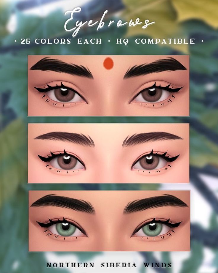 the eyes and eyebrows are shown in three different colors, each with their own eyeliners