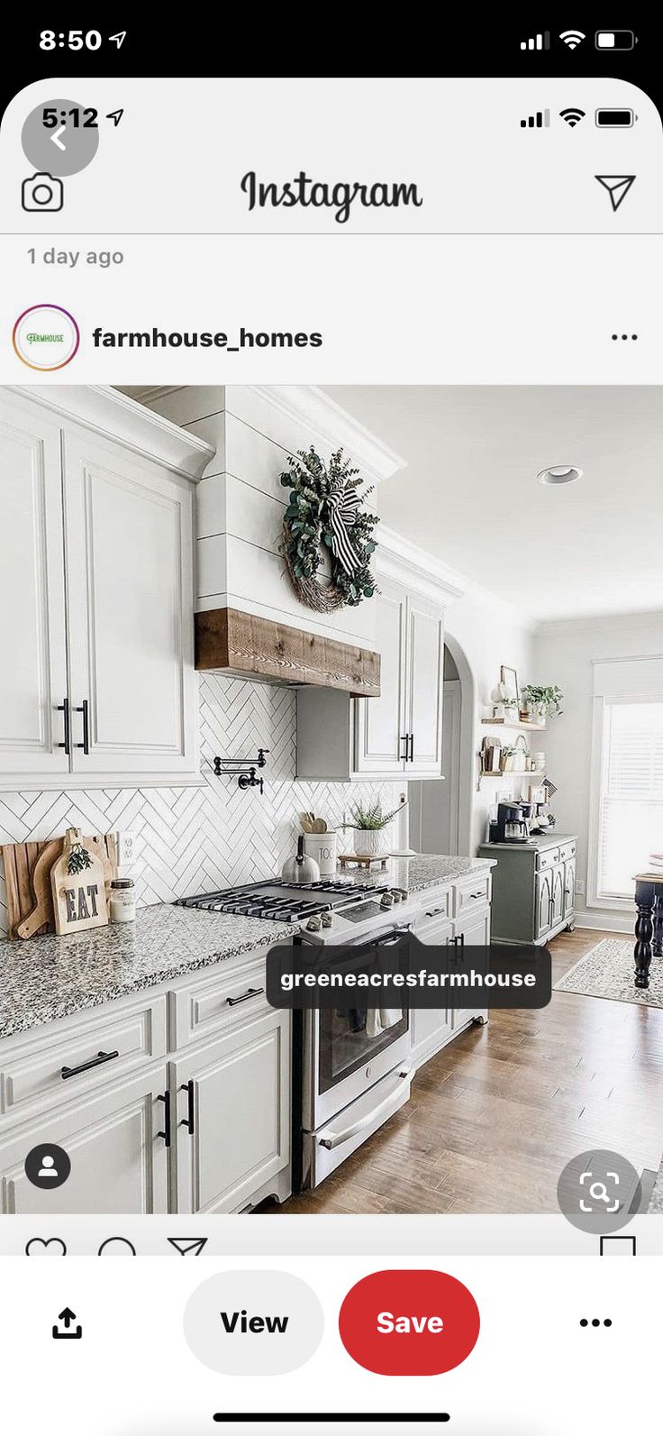 a kitchen with white cabinets and marble counter tops is featured in the instagram page