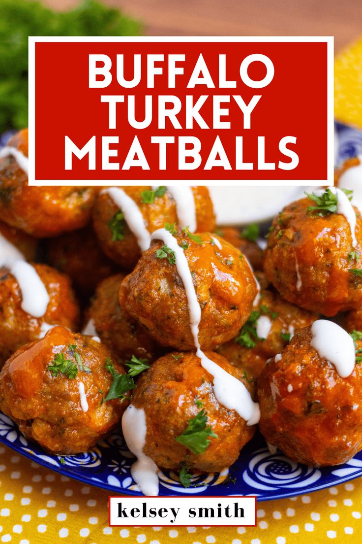 buffalo turkey meatballs on a blue and white plate