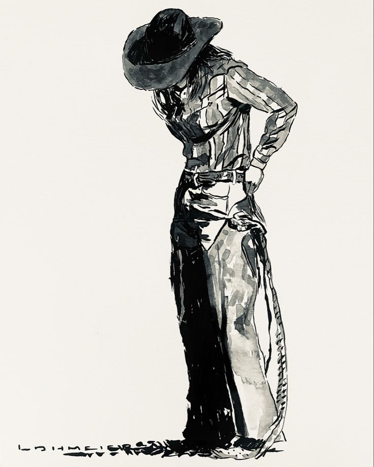 a black and white drawing of a man wearing a cowboy hat with a lasso