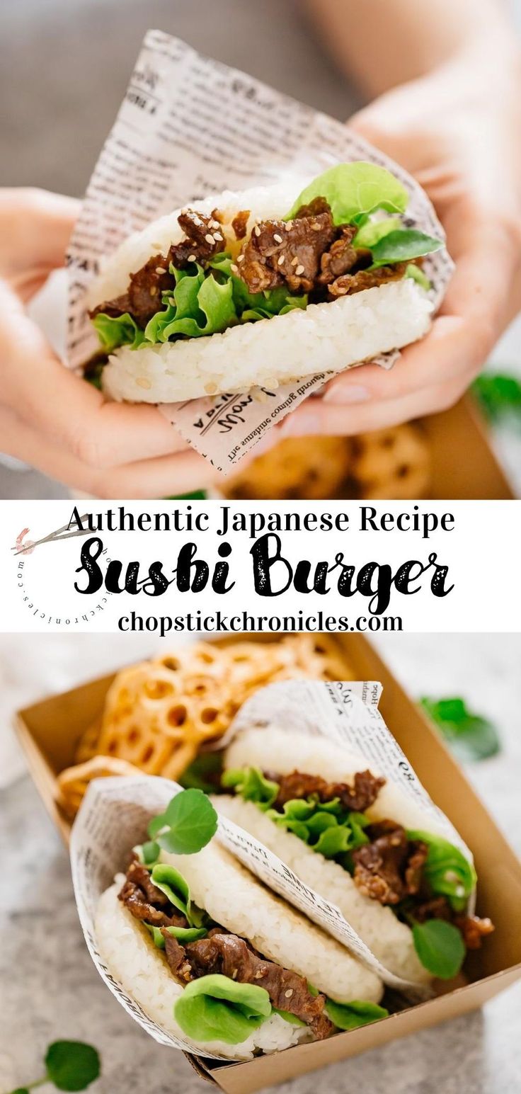 authentic japanese recipe sushi burgers with beef and lettuce on the side