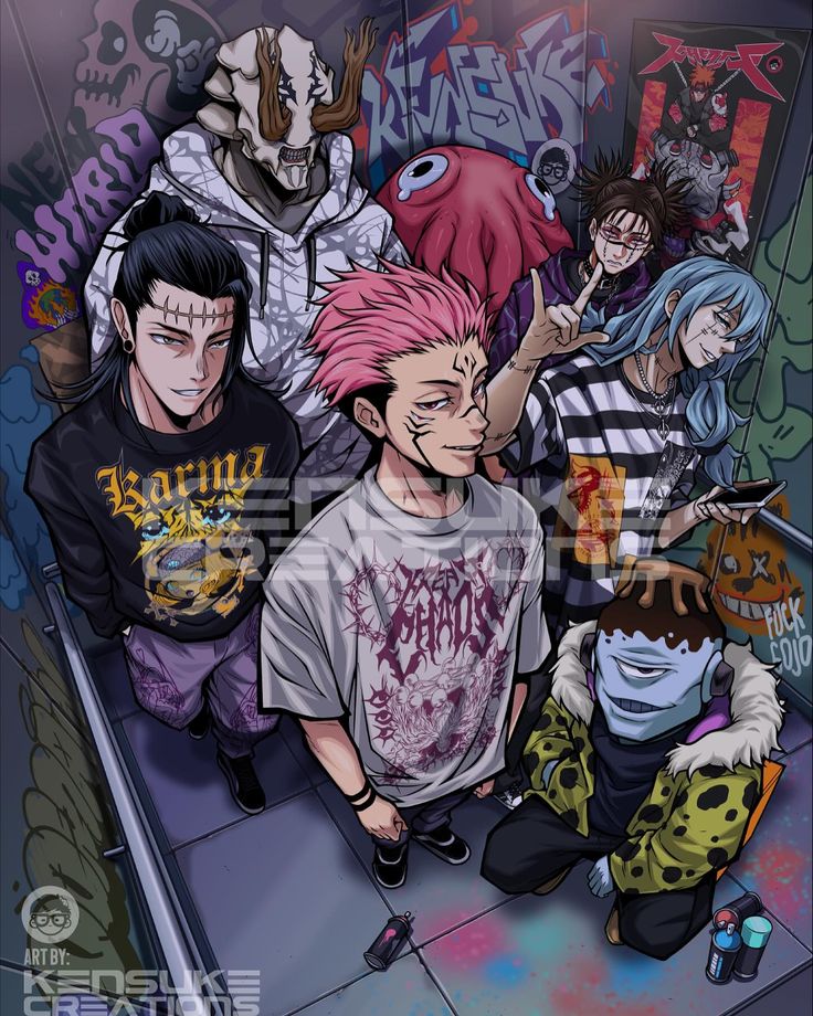 an image of some people with pink hair and other characters in front of graffiti on the wall