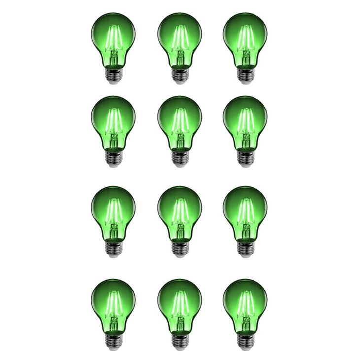 many green light bulbs are arranged in a row