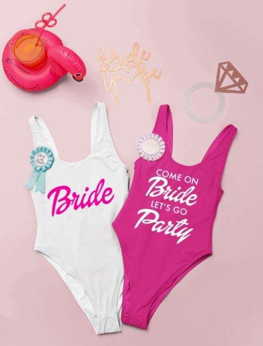 two pink and white swimsuits with the words wife party written on one side