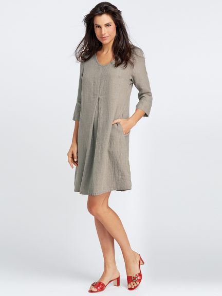 Woodstock Dress by Flax Chic Linen Dress With 3/4 Sleeve, Spring Pleated Half Sleeve Dress, Spring Half Sleeve Pleated Dress, Elegant Linen Dress With 3/4 Sleeves, Casual Fall V-neck Work Dress, Casual V-neck Dress For Fall Workwear, Casual V-neck Dress For Work, Fall Season, Casual V-neck Dress For Work In Fall, Casual 3/4 Sleeve Dresses