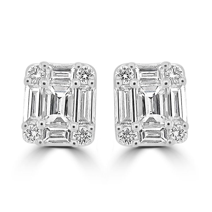 18ct white gold illusion style emerald cut diamond earring. 
The baguettes total 0.39ct and the brilliants total 0.08ct. The diamonds are G colour, SI1 clarity. 
 
These are for pierced ears with a stem and butterfly fitting.
 
Presented in our branded boxes.
Free next day Special Delivery on all online purchases where possible. Emerald Cut Diamond Earrings, Emerald Cut Diamond, Diamond Earring, Special Delivery, Diamond Stud Earrings, Emerald Cut Diamonds, Diamond Stud, Ring Size Guide, Multi Stone