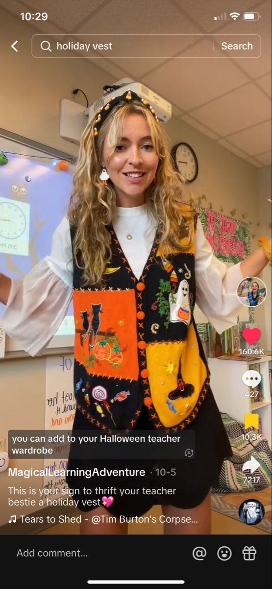 Whimsical Teacher Outfit, Fun Cardigan Outfit, Halloween Vest Outfit, Eclectic Teacher Outfits, Teacher Outfit Ideas Elementary, Ms Frizzle Inspired Outfits, Art Teacher Outfits Elementary, Vintage Teacher Outfits, Teacher Halloween Outfits