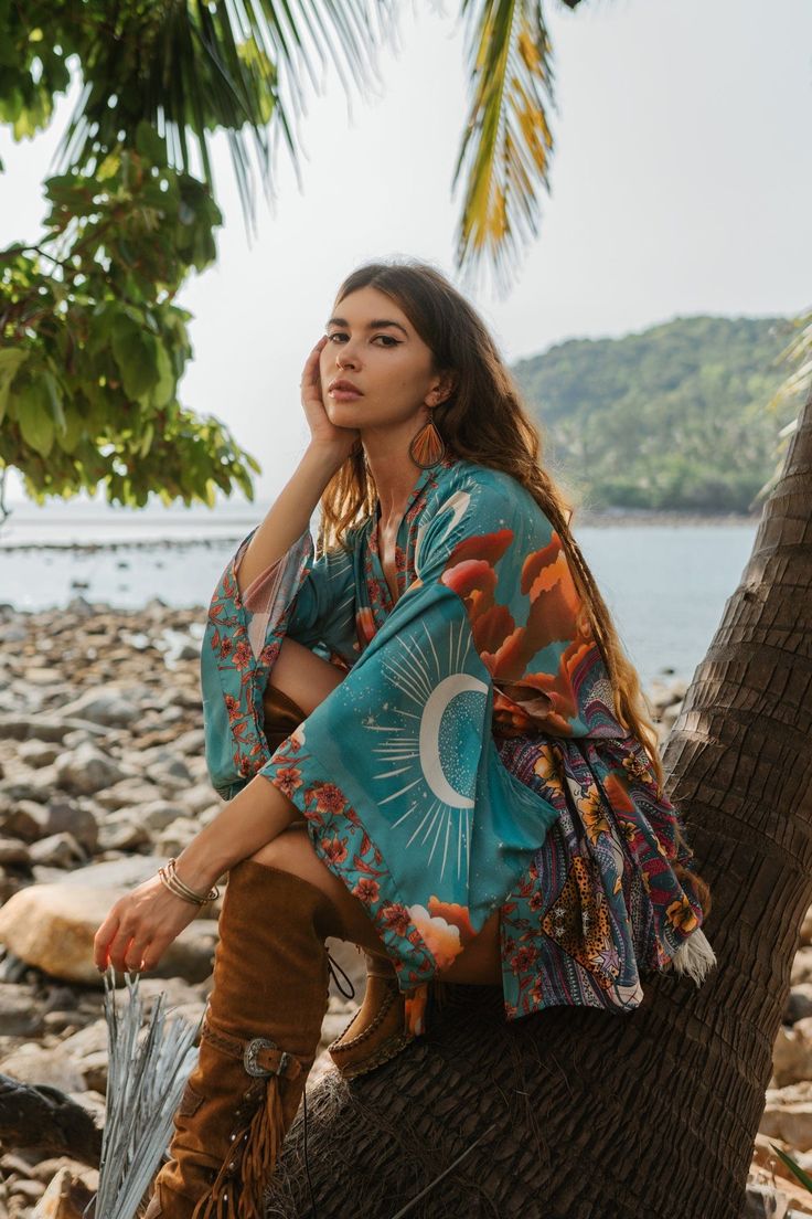 Hippie Kimono With Kimono Sleeves For Beach Season, V-neck Printed Kimono For Festivals, Bohemian Festival Kimono With Tie Waist, Beach Cover-up Kimono With Tie Waist, Bohemian Spring Kimono With Tie Waist, Bohemian Wrap Kimono With Tie Waist, Bohemian Kimono With Tie Waist And Kimono Sleeves, Bohemian Printed Short Sleeve Kimono, Printed Wrap Kimono For Festival