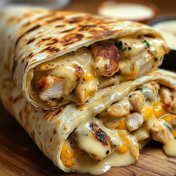 two quesadillas stacked on top of each other with cheese and chicken in them