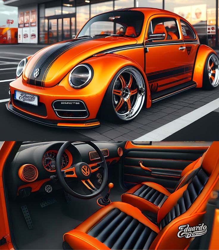 an orange volkswagen beetle parked in front of a gas station