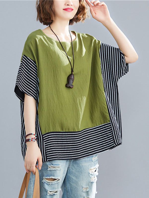 Sku CY-!86937 Material Polyester , Ramie Cotton , >70%Cotton Style Loose , Batwing Sleeves Feature Striped , Split-joint Neckline Round-neck Occasion Casual , Urban , Vintage Seasons Summer Type T-shirts Color DEEP BLUE,BLACK,GREEN Size FREE SIZE Please consult the size chart we provide for this item's measurements to help you decide which size to buy.Please note: There may be 1-3cm differ due to manual measurement.CMINCH Bust Shoulder Sleeve Length FREE SIZE 136 54 33 65 Casual Green V-neck Short Sleeve Top, Green Casual T-shirt For Spring, Green V-neck T-shirt For Summer, Green Crew Neck Short Sleeve Top For Summer, Green Relaxed Fit V-neck Top, Summer Green Short Sleeve Crew Neck Top, Casual Green Short Sleeve Top For Spring, Green Relaxed Fit V-neck T-shirt, Green Casual Short Sleeve Top With Relaxed Fit