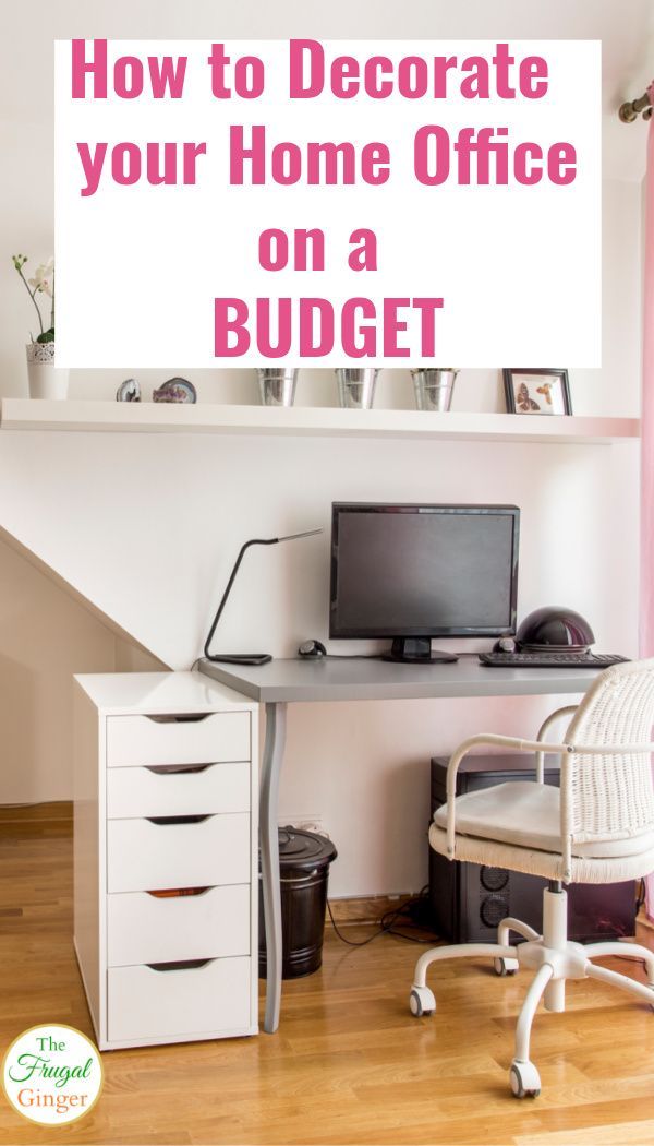 a desk with a computer on it and the words how to decorate your home office on a budget