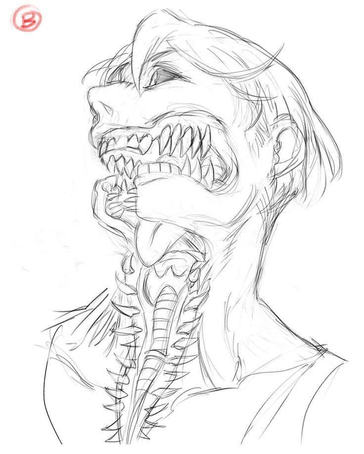 a drawing of a man's face with the mouth open and teeth exposed,