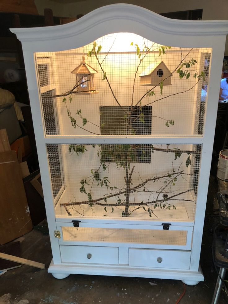 a white bird cage sitting on top of a dresser