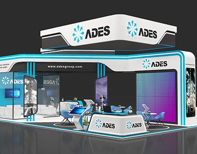 a trade show booth designed to look like it has an ades logo on the front