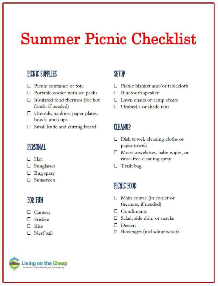 a printable summer picnic checklist is shown in red, white and blue colors