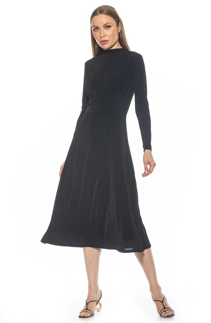 An elegantly draped funnel neck and gathered waist highlight a charming fit-and-flare dress constructed with comfortable stretch. 51 1/2" length Hidden back-zip closure Funnel neck Long sleeves Partially lined 97% polyester, 3% spandex Machine wash, line dry Imported Draped Midi Dress, Steve Madden Sneakers, Draped Midi Dresses, Sweaters And Leggings, Short Suit, Comfortable Sandals, Jogger Jeans, Comfortable Dress, Funnel Neck