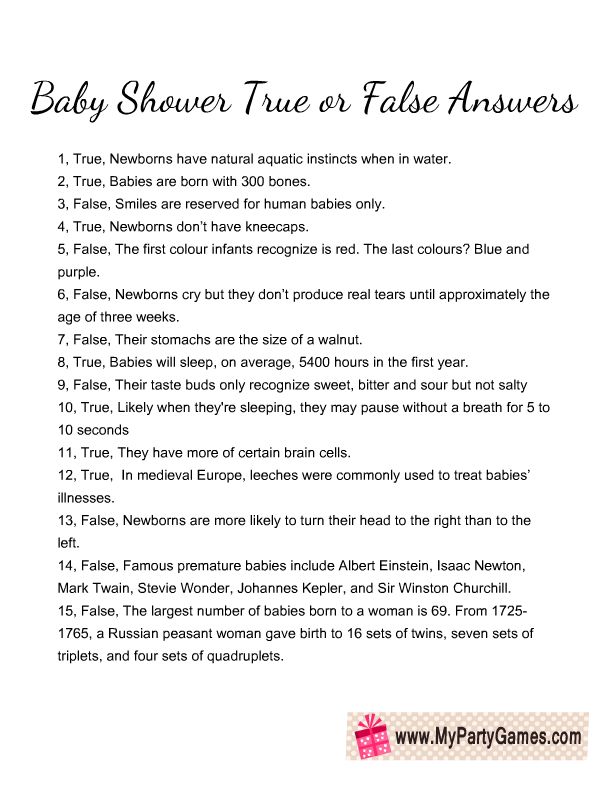 the baby shower true or false answers are shown in this printable version for kids