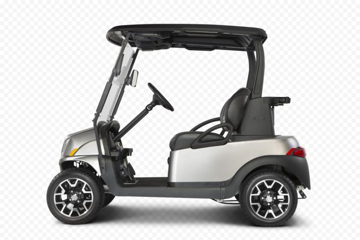 a silver golf cart with black wheels and the seat folded back on a white background