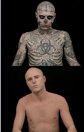 two different pictures of a man with tattoos on his body and chest, one is bald