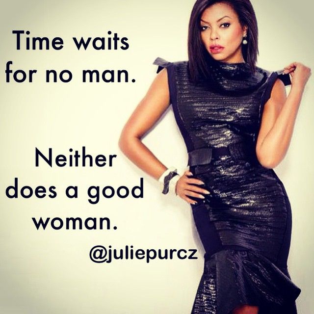 a woman in a black dress with her hand on her hip and the words time waits for no man