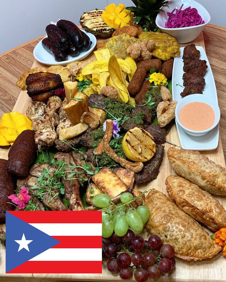 a wooden table topped with different types of food