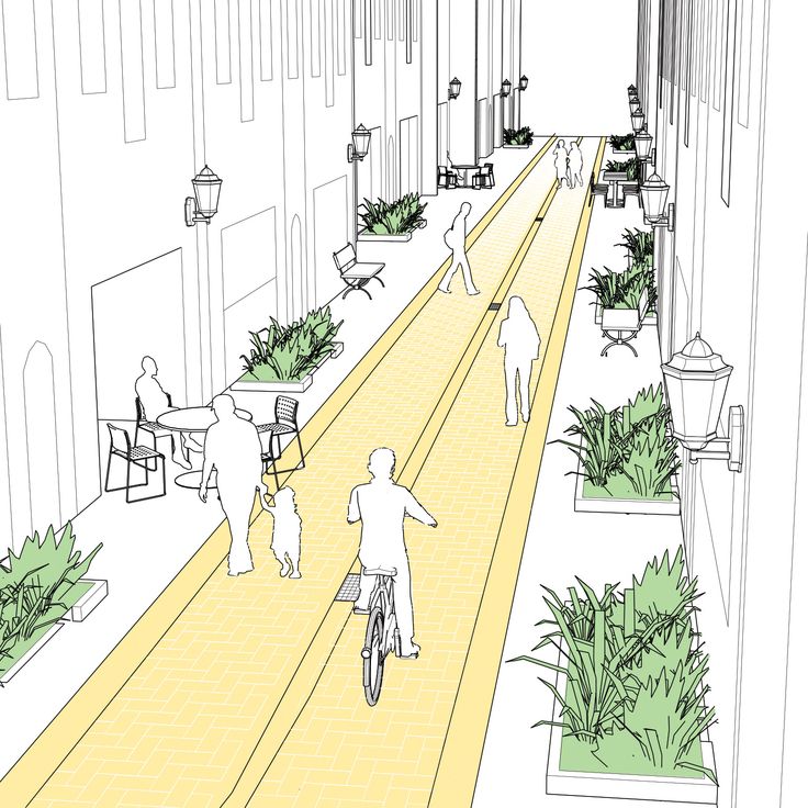 an artist's rendering of people walking and riding bikes down a street lined with potted plants