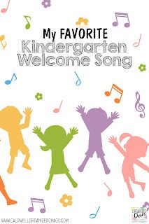 an image of children dancing with musical notes in the background and text that reads my favorite kindergarten welcome song