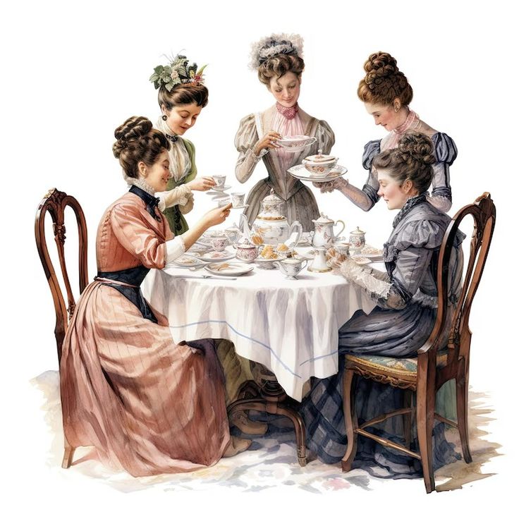 a group of women sitting around a table eating food and drinking tea, with one woman holding a plate