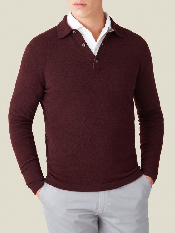 Knitted in Bergamo, Northern Italy, from the finest two-ply cashmere, our most luxurious polo offers the perfect balance of elegance and versatility. Weighing approximately 300 grams, this polo provides high-quality insulation, making it ideal for layering from autumn to spring. Unlike our regular jumpers, this design features the fit of a polo, with straight arms and body. It will gently adapt to your body shape, offering an elegant drape that ensures a modern, comfortable silhouette.    We are Business Casual Looks, Cashmere Polo Sweater, Cashmere Suit, Cashmere Polo, Versatile Sweater, Cashmere Yarn, Cashmere Jumper, Cotton Chinos, Northern Italy