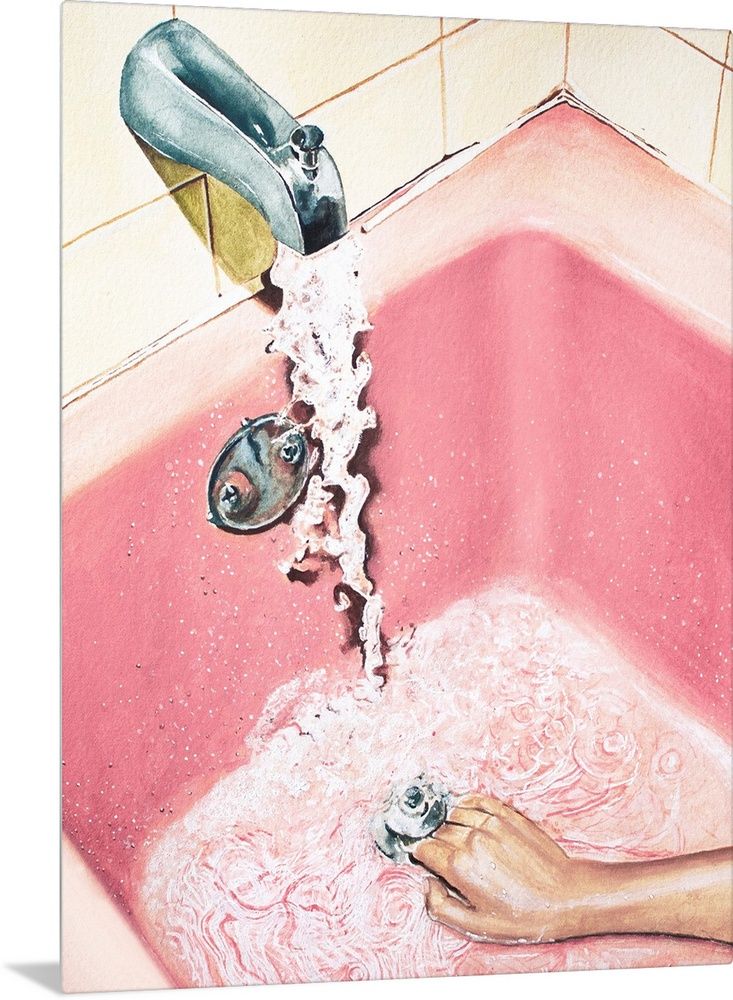 a painting of someone washing their hands in a pink bathtub with water coming from the faucet