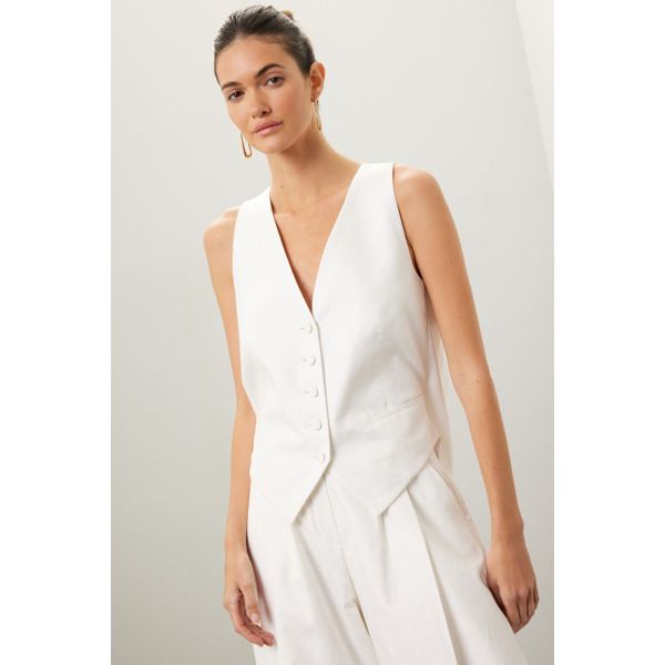 Off-white cotton-linen blend (54% Cotton, 46% Linen) with acetate-viscose lining (74% Acetate, 26% Viscose). Jacket. Sleeveless. Front button closure. 16.5" from shoulder to hemline. Imported. Rent The Runway, Closet Designs, Wide Leg Trousers, Cotton Linen, Linen Blend, Open Back, Wide Leg, Off White, Fashion Design