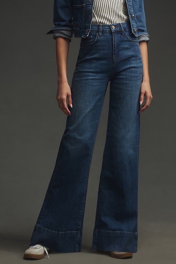 Responsibly made with regenerative cotton 98% regenerative cotton, 2% natural rubber Five-pocket styling Front zip Machine wash Imported | Ms. Onassis High-Rise Wide-Leg Jeans by Triarchy in Blue, Women's, Size: 32, Cotton/Rubber at Anthropologie High Rise Blue Jeans Outfit, Women’s Wide Leg Pants, Jeans Women 2024, Winter Outfit Jeans, Formal Jeans, Women Wide Leg Jeans, Low Rise Jeans Outfit, Wide Leg Outfit, 90s Street Style