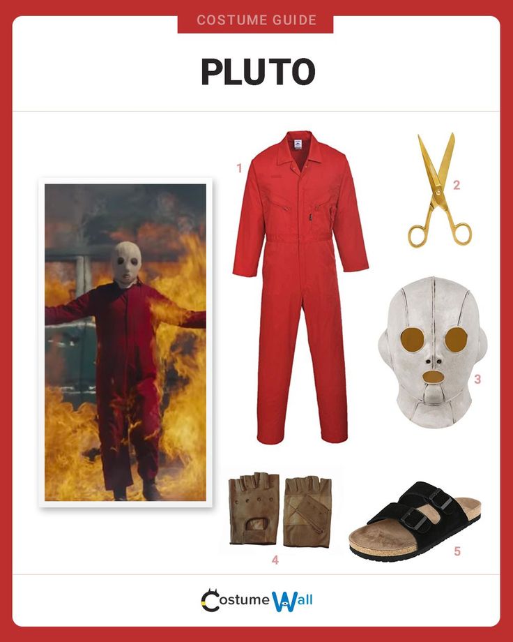 a costume guide for halloween movies including a mask, shoes and an orange jumpsuit