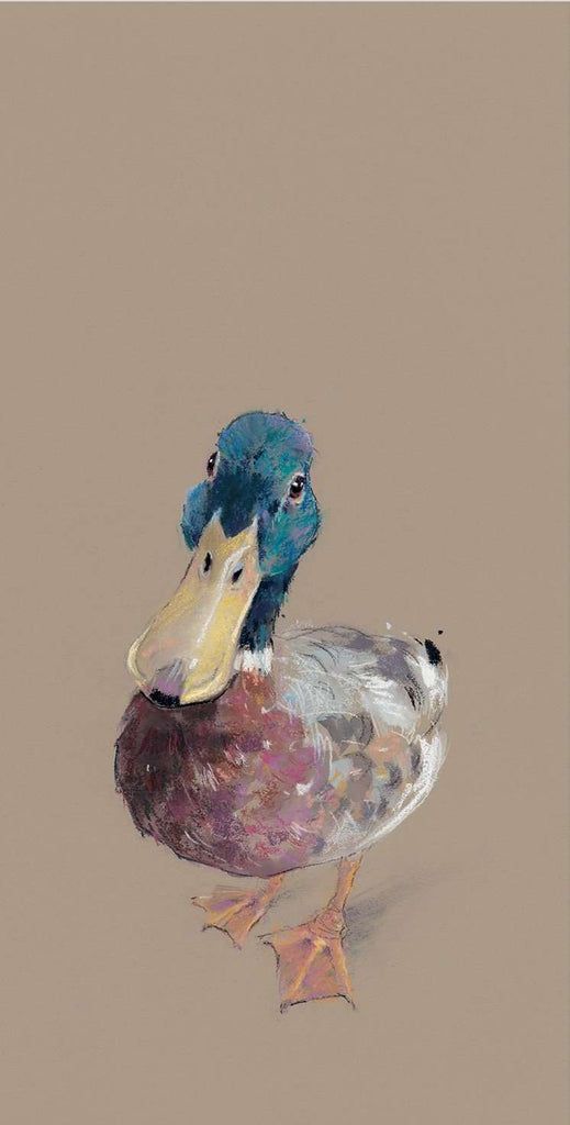 a blue and white duck standing on top of a body of water