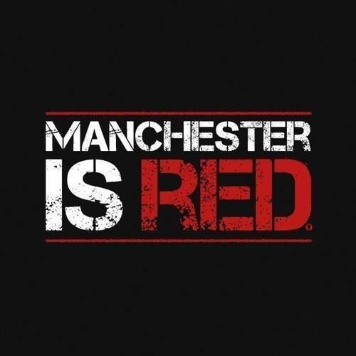 the manchester is red logo on a black background with white and red lettering that reads manchester is red