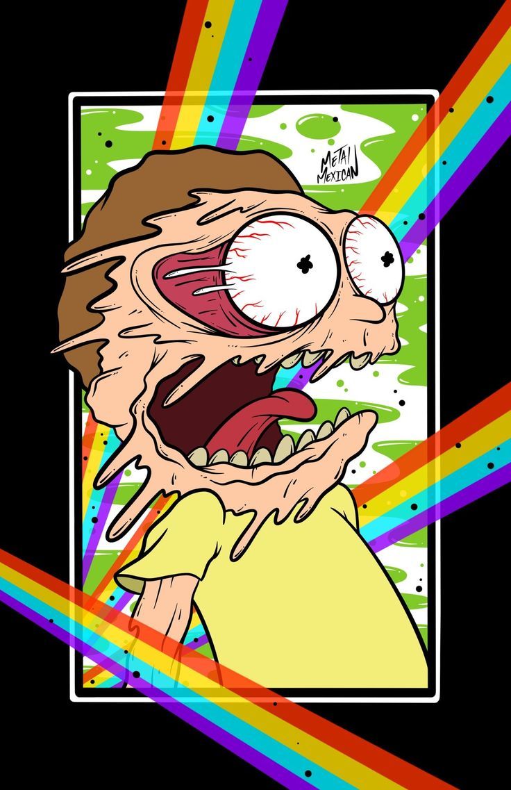 a cartoon character with an open mouth and rainbow beams in the sky behind him on a black background