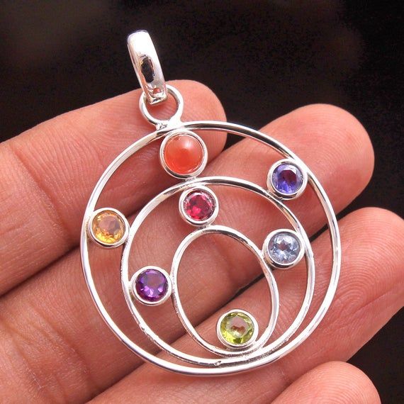 Faceted Multi Round Shape Gemstone Chakra Pendant For Gift - 925 Sterling Silver Handmade Designer Pendant Jewelry Length 1.75"- svp7863METAL - 925 STERLING SILVERGEMSTONE - MultiPENDANT LENGTH - 1.75"  PENDANT WEIGHT - 5.64 GRAMS Multi-stone Sterling Silver Jewelry As Gift, Spiritual Sterling Silver Round Pendant Gemstone, Multicolor Round Sterling Silver Gemstones, Round Multi-stone Gemstones In Sterling Silver, Round Multi-stone Sterling Silver Gemstones, Sterling Silver Gemstones For Gifts, Sterling Silver Round Multi-stone Jewelry, Sterling Silver Gemstones For Gifts With Round Stone, Sterling Silver Multi-stone Round Pendant