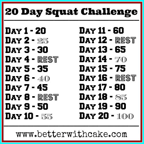 the 20 day squat challenge is shown in black and white with red trimmings