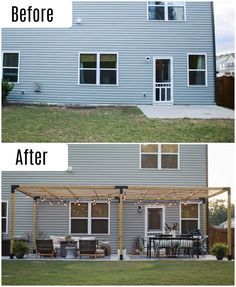 before and after pictures of a house with an attached patio, covered in string lights