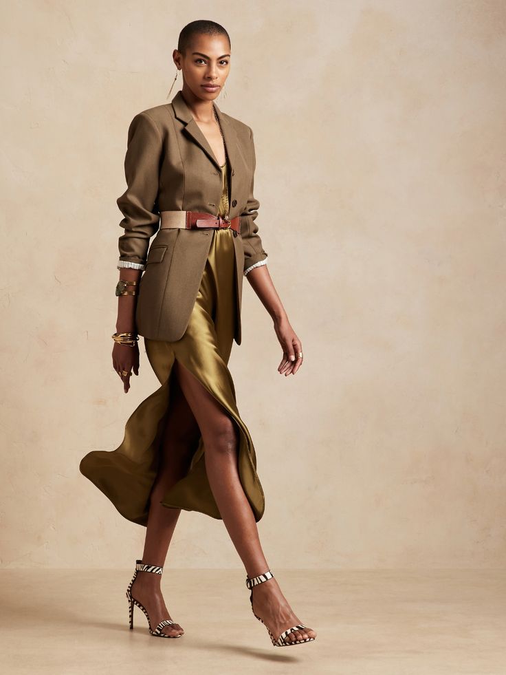 Petite Silk Maxi Slip Dress | Banana Republic Winter Silk Dress Outfit, Shoes With Slip Dress, Safari Chic Outfits Women, Daytime Cocktail Attire, Petite Elegant Style, Silk Clothes Aesthetic, Maxi Dress And Blazer Outfit, Silk Dress With Blazer, Fall Slip Dress Outfit