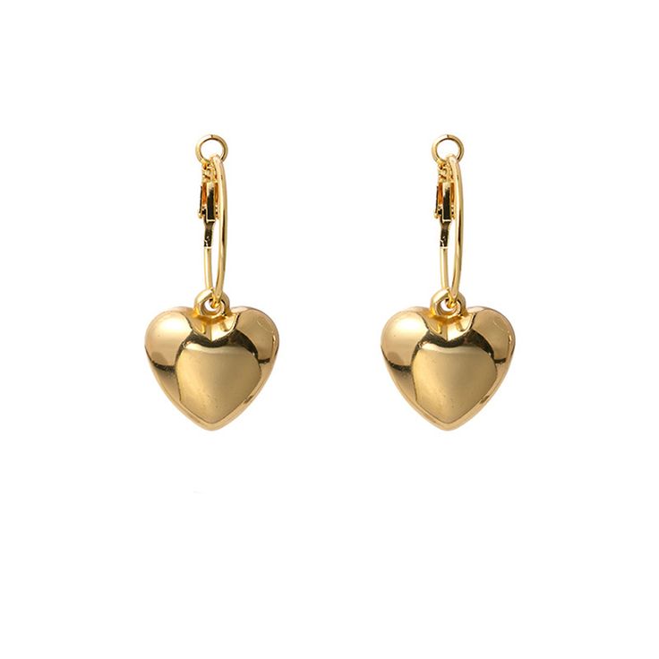 Bold design adorns these 18k gold-plated earrings to accent your ensembles. 0.87" W x 1.96" L 18k gold-plated copper Valentine's Day Tarnish Resistant Drop Earrings, Gold Plated Double Heart Charm Earrings, Gold Plated Drop Earrings With Heart Charm, Gold-plated Drop Earrings With Heart Charm, Elegant Gold Plated Heart Huggie Earrings, Gold Clip-on Earrings For Valentine's Day Gift, Rose Gold Plated Heart Drop Earrings, Yellow Gold Metal Earrings For Valentine's Day, Gold Hypoallergenic Heart Earrings